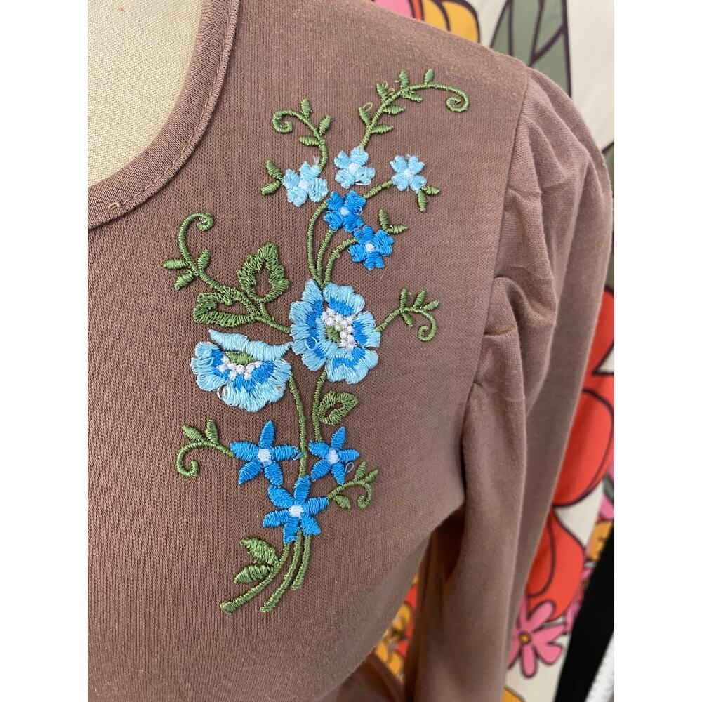 vintage 1970s puff sleeve applique top brown 70s t-shirt small gathered shoulder - Picture 2 of 8